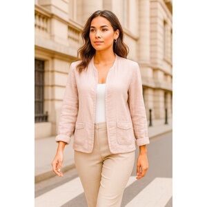 Tahari Womens Linen Cotton Blend Open Front Blazer Pink Beige M Office Casual